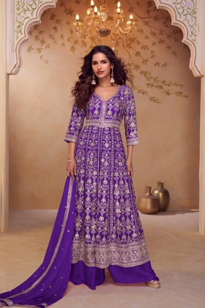 Sleek Purple Designer Real Chinon Three Piece Suit with Elegant Embroidered Dupatta Designer Plazzo Salwar Suits Wholesale