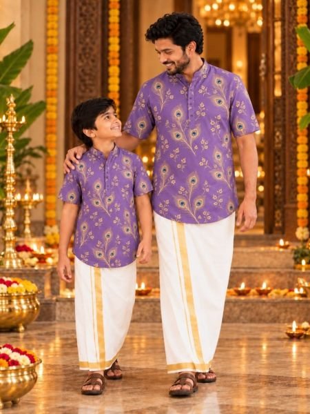 Sleek Purple Festival Wear Father Son Matching Digital Print Shirts at Manufacturer  
