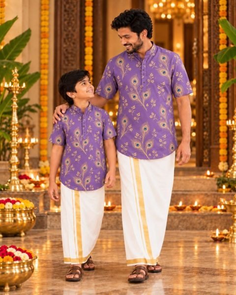 Sleek Purple Festival Wear Father Son Matching Digital Print Shirts at Manufacturer  Father Son Collection 