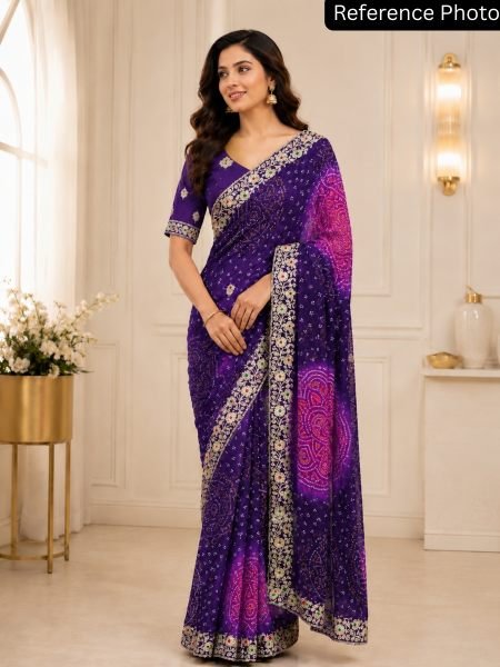 Sleek Purple Georgette Bandhani Saree with Rimzim Fabric Designer Blouse For Wedding 