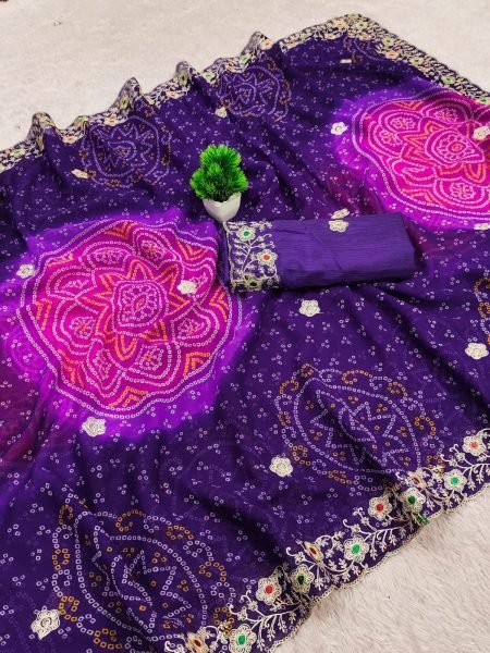 Sleek Purple Georgette Bandhani Saree with Rimzim Fabric Designer Blouse For Wedding Bandhej Sarees Wholesale