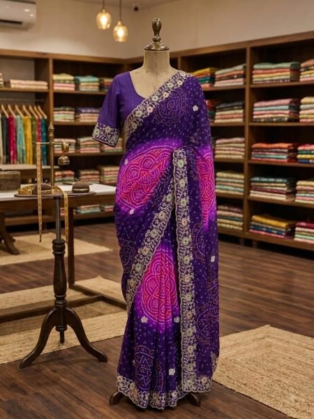 Sleek Purple Georgette Bandhani Saree with Rimzim Fabric Designer Blouse For Wedding Bandhej Sarees Wholesale
