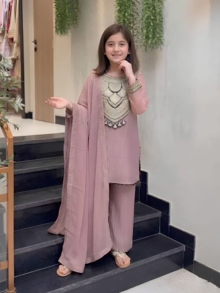 Sleek Purple Girls Crunchy Silk Kurti Pant Dupatta Set with Embroidery Work Kurtis