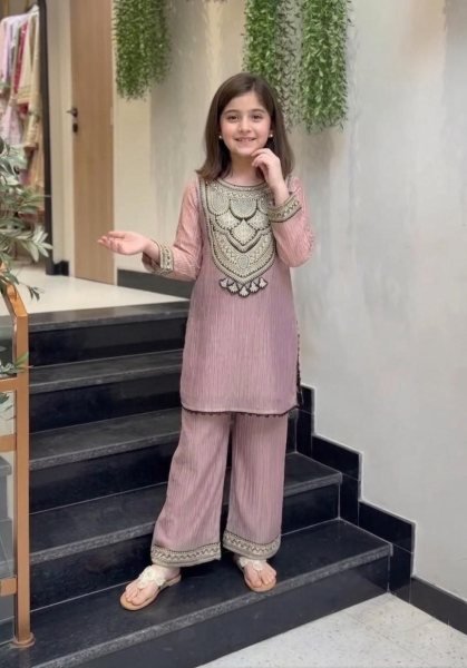 Sleek Purple Girls Crunchy Silk Kurti Pant Dupatta Set with Embroidery Work Girls Wear
