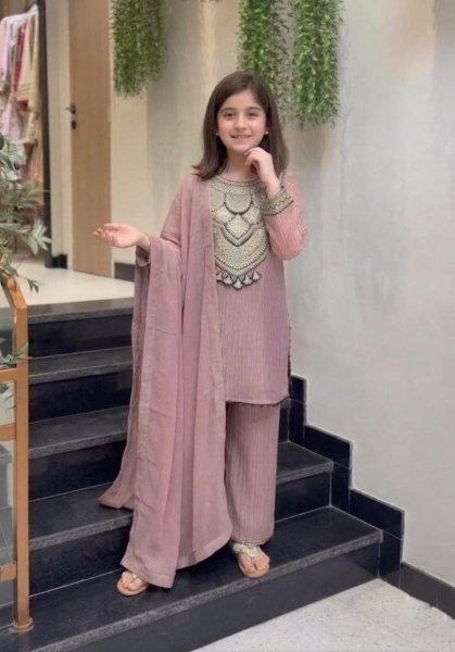 Sleek Purple Girls Crunchy Silk Kurti Pant Dupatta Set with Embroidery Work Girls Wear