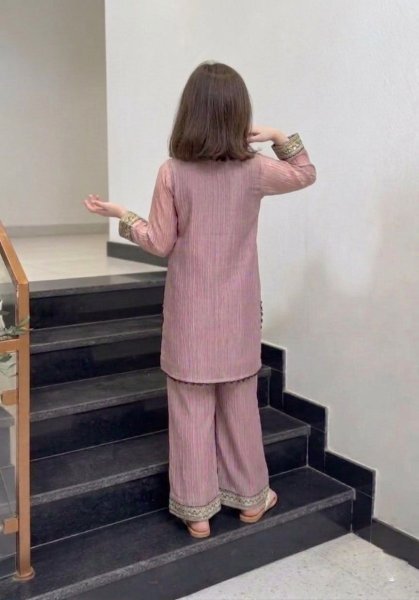 Sleek Purple Girls Crunchy Silk Kurti Pant Dupatta Set with Embroidery Work Girls Wear