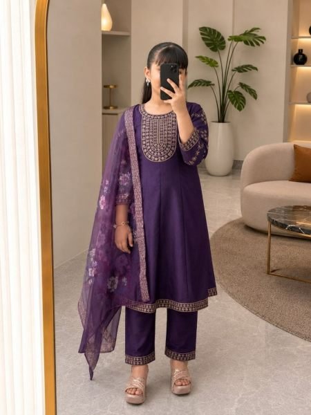 Sleek Purple Girls Designer Anarkali Kurti Pant Dupatta Set with Chanderi Dupatta  