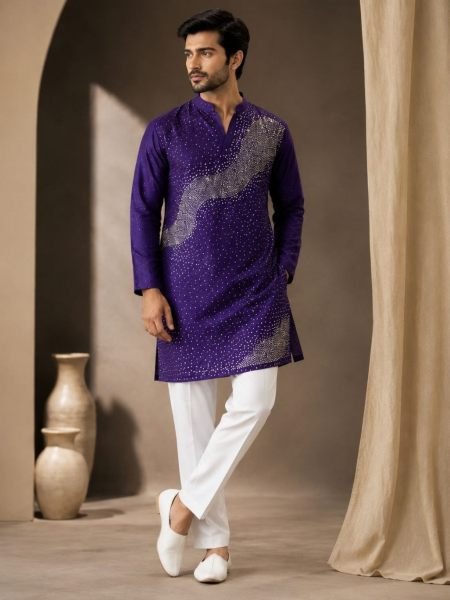 Sleek Purple Men’s Festive Kurta Pajama Set with Detailed Embroidery For Festival 