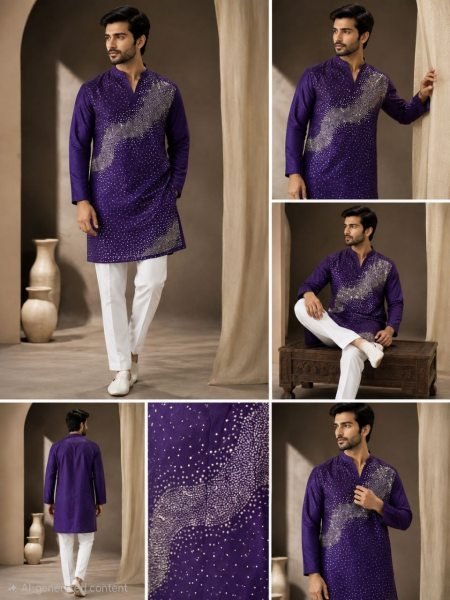Sleek Purple Men’s Festive Kurta Pajama Set with Detailed Embroidery For Festival Kurta Pajama Wholesale