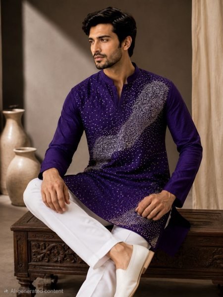 Sleek Purple Men’s Festive Kurta Pajama Set with Detailed Embroidery For Festival Kurta Pajama Wholesale