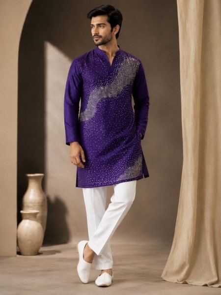 Sleek Purple Men’s Festive Kurta Pajama Set with Detailed Embroidery For Festival Kurta Pajama Wholesale
