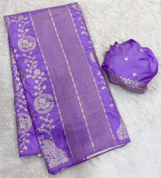 Sleek Purple Wedding Wear Crepe Khadi Cotton Silk Saree with Tassels Work Printed Cotton Sarees Wholesale