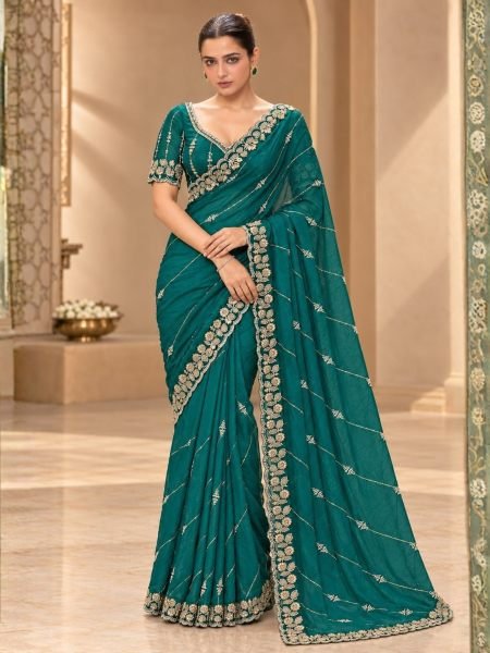 Sleek Rama Wedding Wear Fendy Satin Silk Saree with Heavy Beads Work Blouse 