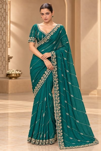 Sleek Rama Wedding Wear Fendy Satin Silk Saree with Heavy Beads Work Blouse Silk Sarees Wholesale