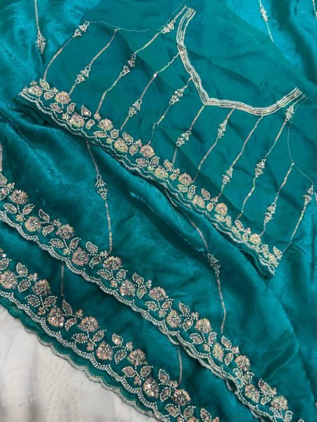 Sleek Rama Wedding Wear Fendy Satin Silk Saree with Heavy Beads Work Blouse Silk Sarees Wholesale