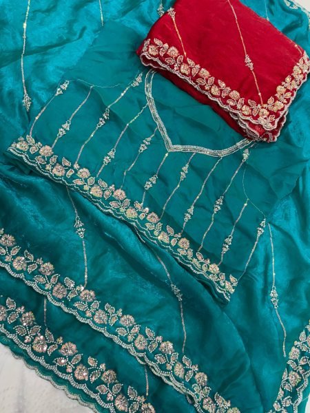 Sleek Rama Wedding Wear Fendy Satin Silk Saree with Heavy Beads Work Blouse Silk Sarees Wholesale