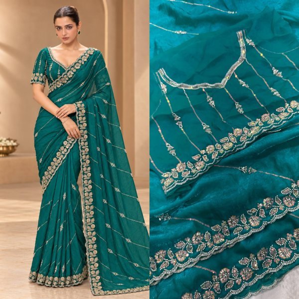 Sleek Rama Wedding Wear Fendy Satin Silk Saree with Heavy Beads Work Blouse Silk Sarees Wholesale