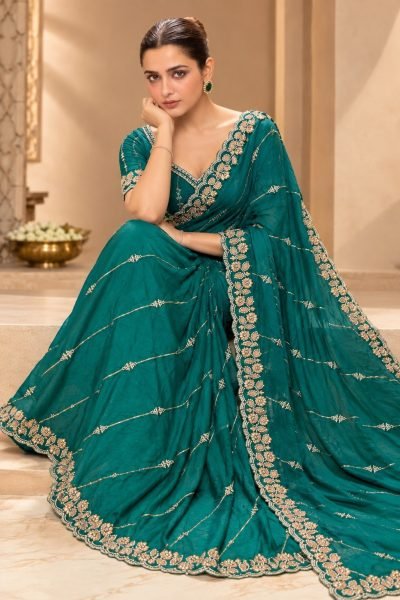 Sleek Rama Wedding Wear Fendy Satin Silk Saree with Heavy Beads Work Blouse Silk Sarees Wholesale