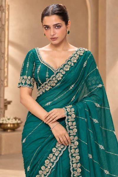 Sleek Rama Wedding Wear Fendy Satin Silk Saree with Heavy Beads Work Blouse Silk Sarees Wholesale