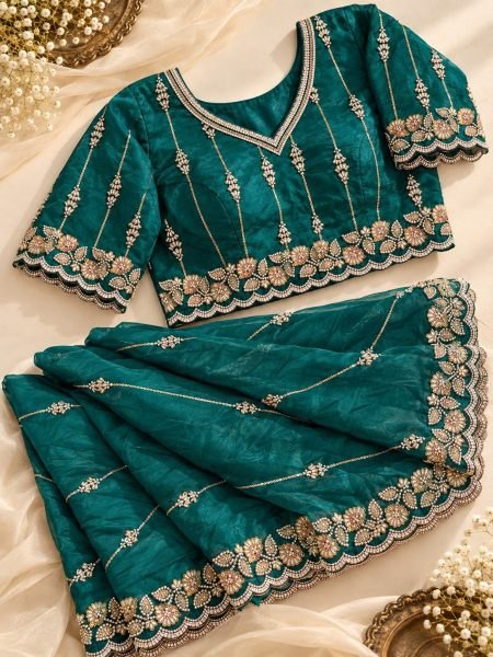 Sleek Rama Wedding Wear Fendy Satin Silk Saree with Heavy Beads Work Blouse Silk Sarees Wholesale