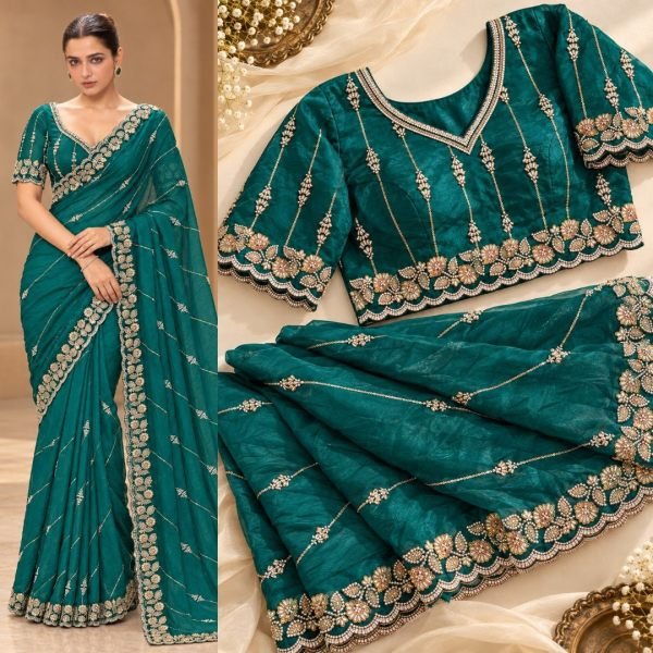 Sleek Rama Wedding Wear Fendy Satin Silk Saree with Heavy Beads Work Blouse Silk Sarees Wholesale