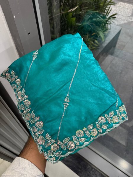 Sleek Rama Wedding Wear Fendy Satin Silk Saree with Heavy Beads Work Blouse Silk Sarees Wholesale