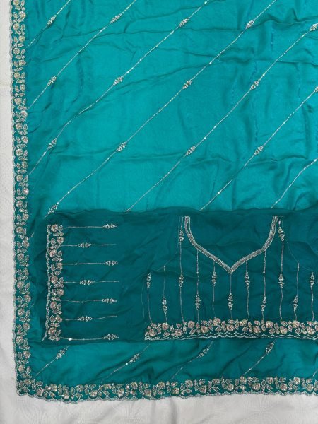 Sleek Rama Wedding Wear Fendy Satin Silk Saree with Heavy Beads Work Blouse Silk Sarees Wholesale