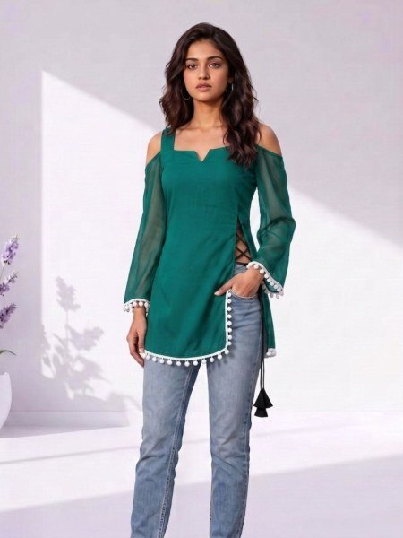 Sleek Rama Women's Straight Cut Georgette Kurti with Pompom Lace Border Detailing 
