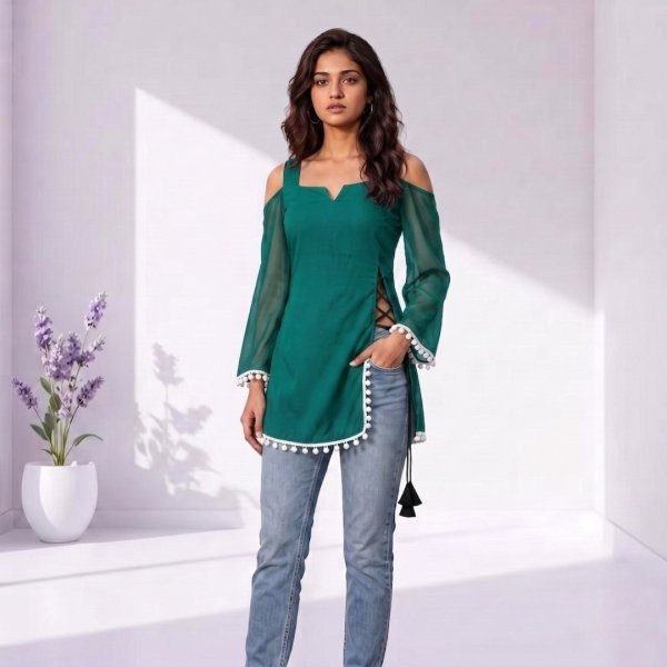 Sleek Rama Women's Straight Cut Georgette Kurti with Pompom Lace Border Detailing Full Set Kurti