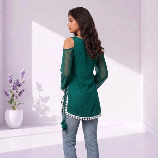 Sleek Rama Women's Straight Cut Georgette Kurti with Pompom Lace Border Detailing Full Set Kurti