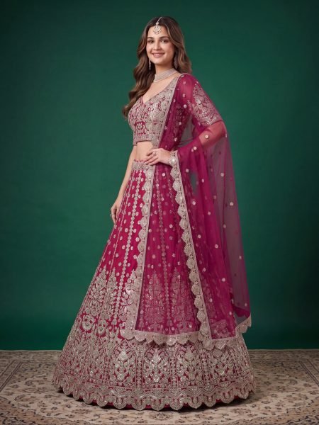 Sleek Rani Pink Bridal Soft Net Lehenga with Zari Dori and Sequins Embroidery Bridal Lehenga Choli