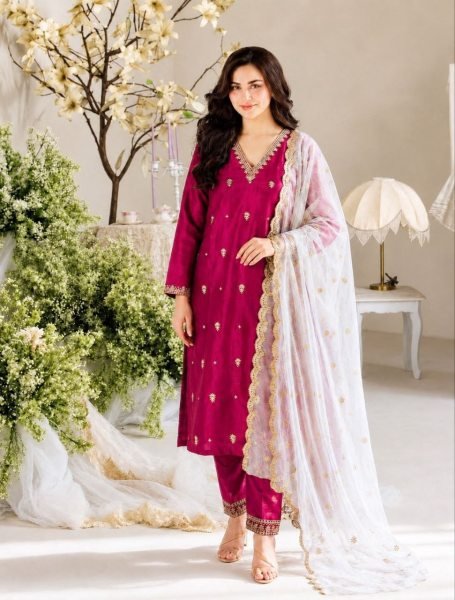 Sleek Rani Pink Designer Vichitra Silk Kurti Set with Embroidered Star Georgette Dupatta Embroidery Kurtis 