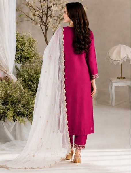 Sleek Rani Pink Designer Vichitra Silk Kurti Set with Embroidered Star Georgette Dupatta Embroidery Kurtis 