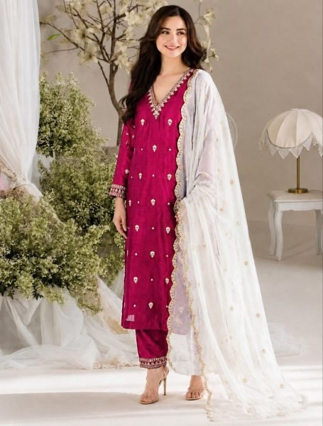Sleek Rani Pink Designer Vichitra Silk Kurti Set with Embroidered Star Georgette Dupatta Embroidery Kurtis 