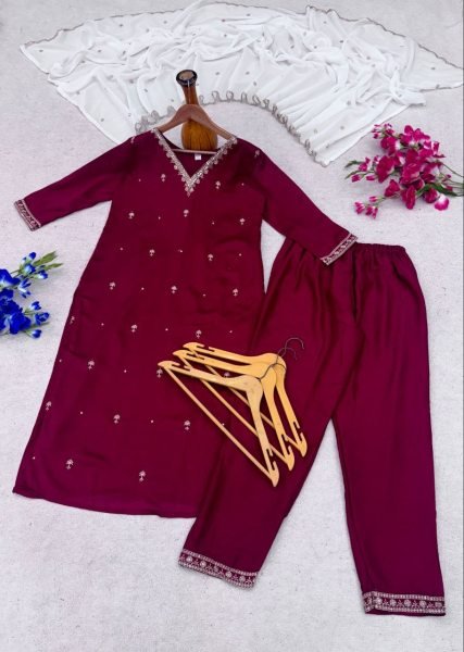 Sleek Rani Pink Designer Vichitra Silk Kurti Set with Embroidered Star Georgette Dupatta Embroidery Kurtis 