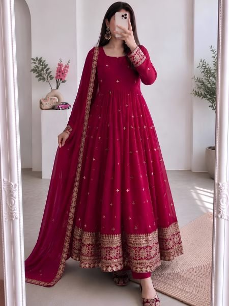 Sleek Rani Pink Fandy Silk Gown Pant Dupatta Set with Embroidery and Sequins Work Ready To Wear Suit