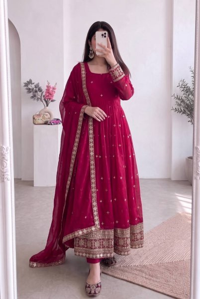 Sleek Rani Pink Fandy Silk Gown Pant Dupatta Set with Embroidery and Sequins Work Ready To Wear Collection