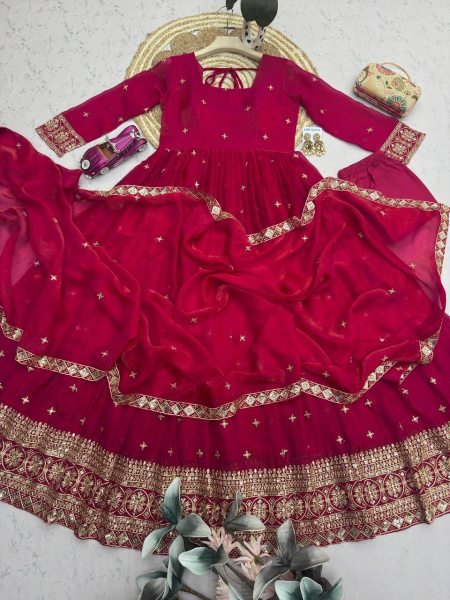 Sleek Rani Pink Fandy Silk Gown Pant Dupatta Set with Embroidery and Sequins Work Ready To Wear Collection