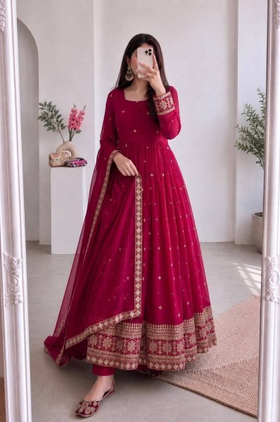 Sleek Rani Pink Fandy Silk Gown Pant Dupatta Set with Embroidery and Sequins Work Ready To Wear Collection