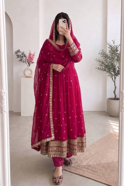 Sleek Rani Pink Fandy Silk Gown Pant Dupatta Set with Embroidery and Sequins Work Ready To Wear Collection