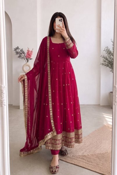 Sleek Rani Pink Fandy Silk Gown Pant Dupatta Set with Embroidery and Sequins Work Ready To Wear Collection