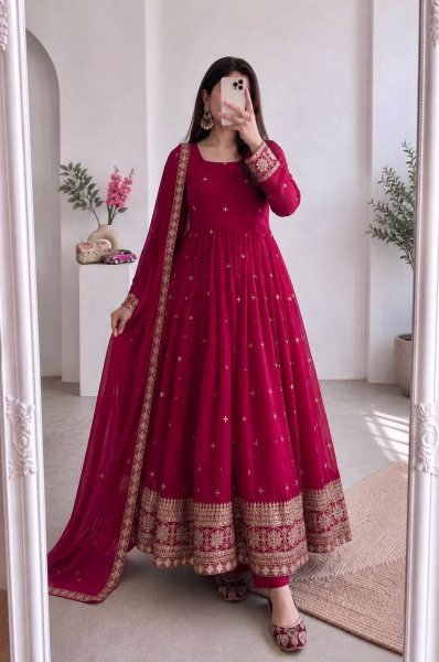 Sleek Rani Pink Fandy Silk Gown Pant Dupatta Set with Embroidery and Sequins Work Ready To Wear Collection