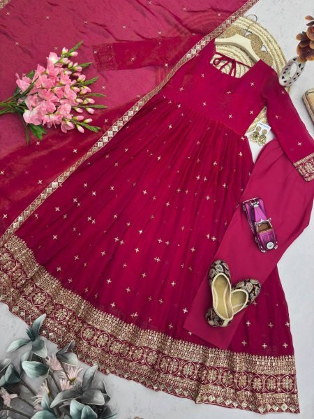 Sleek Rani Pink Fandy Silk Gown Pant Dupatta Set with Embroidery and Sequins Work Ready To Wear Collection