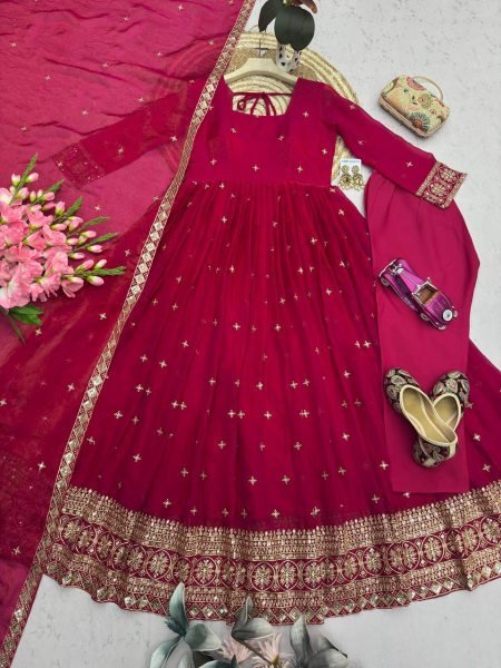 Sleek Rani Pink Fandy Silk Gown Pant Dupatta Set with Embroidery and Sequins Work Ready To Wear Collection