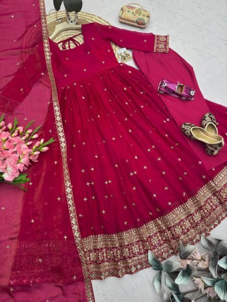 Sleek Rani Pink Fandy Silk Gown Pant Dupatta Set with Embroidery and Sequins Work Ready To Wear Collection