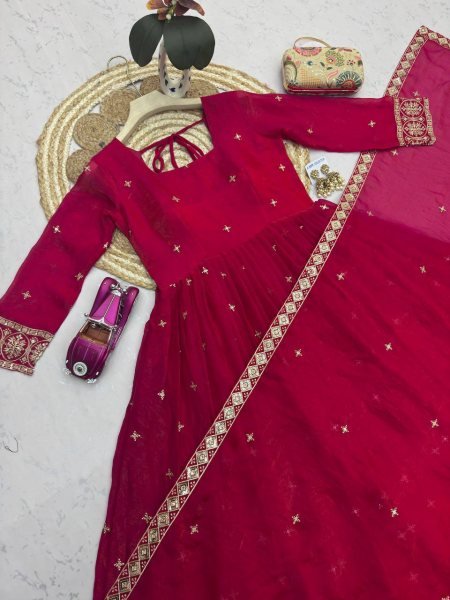 Sleek Rani Pink Fandy Silk Gown Pant Dupatta Set with Embroidery and Sequins Work Ready To Wear Collection