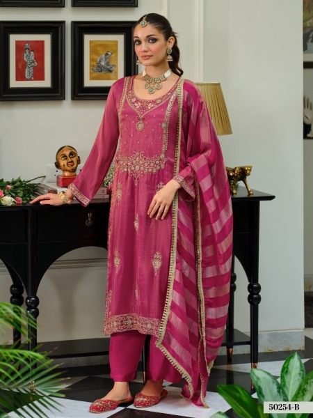 Sleek Rani Pink Pure Viscose Simar Work Top with Matching Dupatta and Silk Pant Salwar Kameez