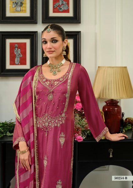 Sleek Rani Pink Pure Viscose Simar Work Top with Matching Dupatta and Silk Pant Churidar Salwar Suits Wholesale