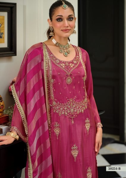 Sleek Rani Pink Pure Viscose Simar Work Top with Matching Dupatta and Silk Pant Churidar Salwar Suits Wholesale