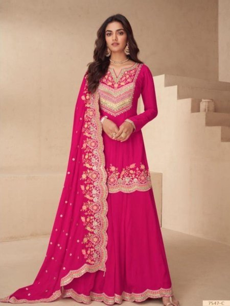 Sleek Rani Pink Real Chinon Heavy Embroidered Palazzo Suit for Festive Wear Salwar Kameez